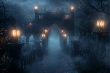 Foggy bridge to a mystical castle at dusk