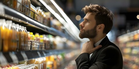 Man in suit grocery shopping pondering forgotten items professional appearance. Concept Lifestyle, Business Casual, Shopping Habits, Professionalism, Forgotten Items