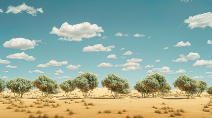 a photorealistic shot on the Australian desert with sand and no plants in the foreground, and a line of low, densly packed trees on the horizon