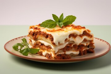 Tasty lasagna on a ceramic tile against a minimalist or empty room background
