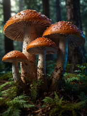 a group of mushrooms in the forest with a forest background