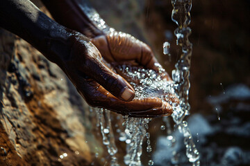 Black person's hand catching water in cupped hands