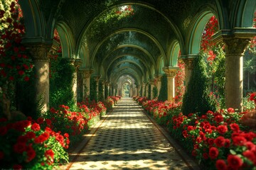 Lush garden corridor with ceiling of greenery