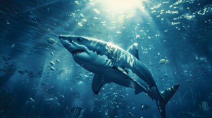 Majestic Great White Shark Gliding Through Vibrant Blue Ocean Depths Surrounded by Smaller Fish
