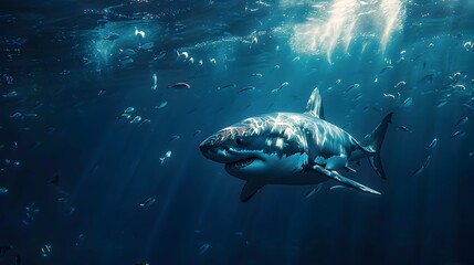 Majestic Great White Shark in Deep Blue Ocean Surrounded by Smaller Fish Showcasing Power of Ocean Predators