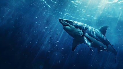 Majestic Great White Shark Gliding Through the Depths of the Blue Ocean Surrounded by Smaller Fish Showcasing the Power and Grace of Ocean Predators