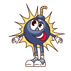 Fototapeta premium Groovy happy bomb cartoon character with boom surprise effect. Funny retro funky blue bomb with crazy laughter, bang mascot, cartoon comic explosion sticker of 70s 80s style vector illustration