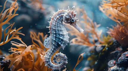 Peaceful Seahorse Floating Amid Delicate Seaweed and Coral Branches Illustrating the Fragile Balance of Marine Ecosystems