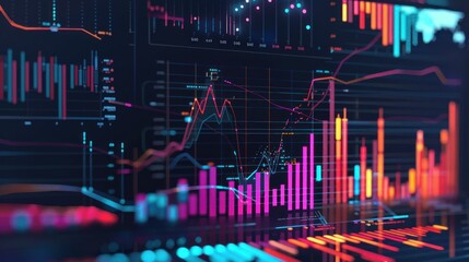 Naklejka premium Digital Business Technology with Network and financial graph with up trend line candlestick chart in stock market, Internet Marketing and Futuristic Background