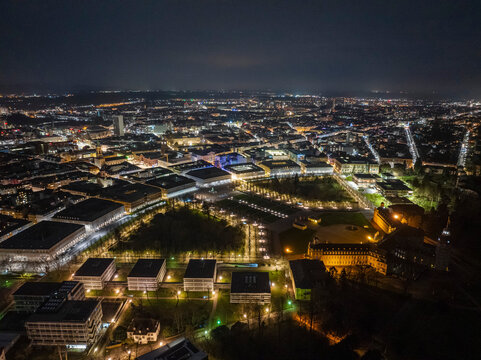 Cityscape view of Federal Constitution Court and Castle Square illuminated at night, Karlsruhe
