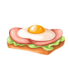 Toast with ham, fried egg and lettuce leaf, cartoon morning sandwich. Nutritious bread slice with green vegetable, egg and meat, side view of gourmet breakfast food cartoon vector illustration