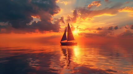 Sailboat Gliding Towards Vibrant Sunset Over Tranquil Ocean Symbolizing New Beginnings and Exciting Adventures