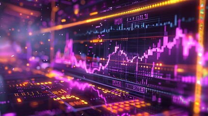 Abstract purple financial graph with up trend line candlestick chart in stock market Background