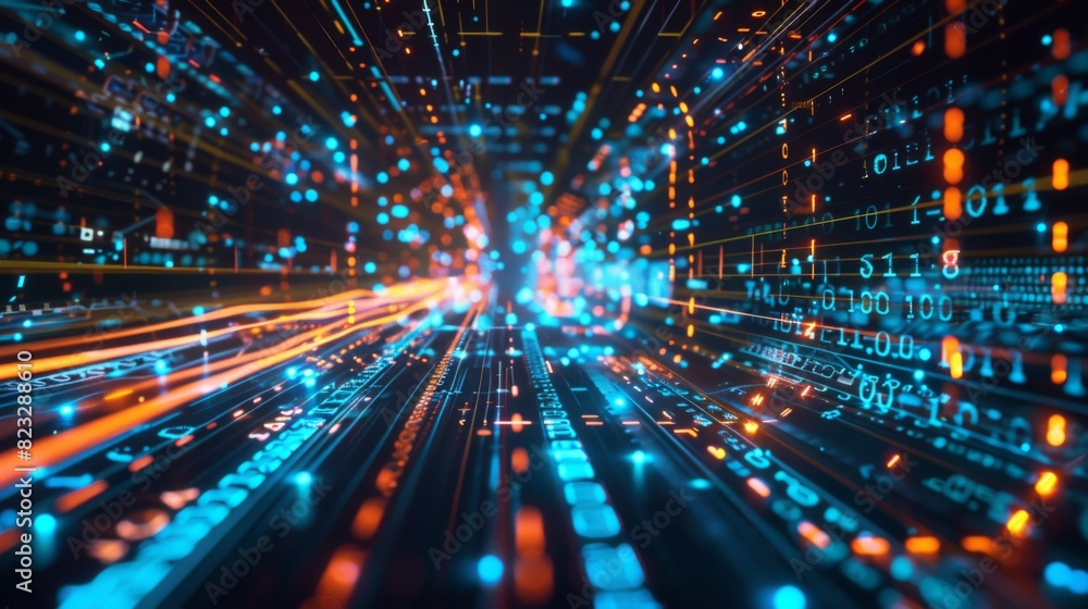 Fototapete Digital data flow on road with motion blur to create vision of fast speed transfer . Concept of future digital transformation ,