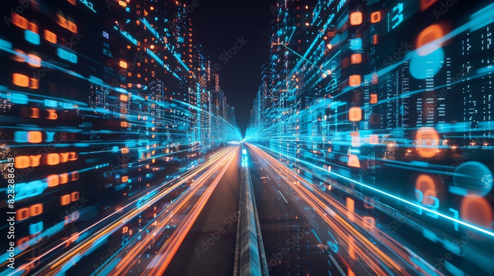 Fototapete digital data flow on road with motion blur to create vision of fast speed transfer . concept of futu
