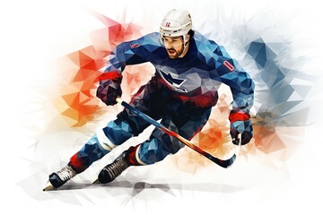 Fototapeta premium A polygonal figure depicting a hockey player, made up of multicolored triangles on a white background. Olympic Games. poster, banner, postcard.