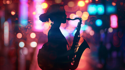 Female saxophone player playing street entertainer on blurred neon street background