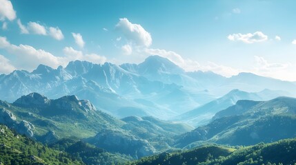 Naklejka premium Stunning Mountain Landscape with Lush Vegetation and Pristine Skies Highlighting the Beauty of Natural Habitats and the Importance of Eco Tourism for