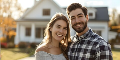 Obraz premium Excited and Happy Young Couple Smiling in Front of Their New House. Concept New Home, Happiness, Couple Goals, Moving In, Celebrating