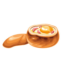 Bun with baked egg, cartoon food morning menu of restaurant or cafe. Crispy open bread, cut in half, filled with eggs and pieces of meat or bacon. Breakfast snack cartoon mascot vector illustration