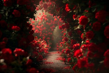 Dramatic rose archway in a dim light