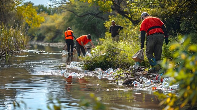 Volunteers Collecting Trash during River Cleanup Event to Protect Natural Waterways and Environment - Powered by Adobe
