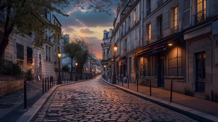 Cobblestone streets at dawn, with iconic architecture and soft light, create a serene scene.