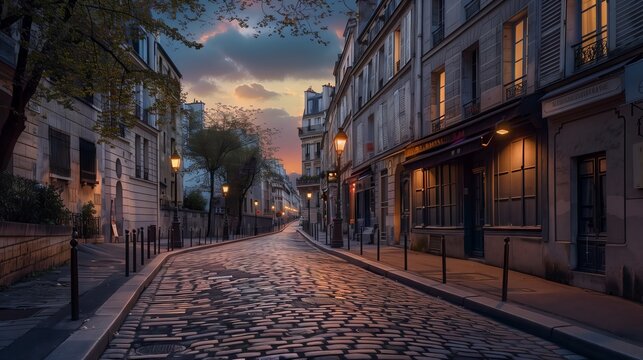 Cobblestone streets at dawn, with iconic architecture and soft light, create a serene scene.