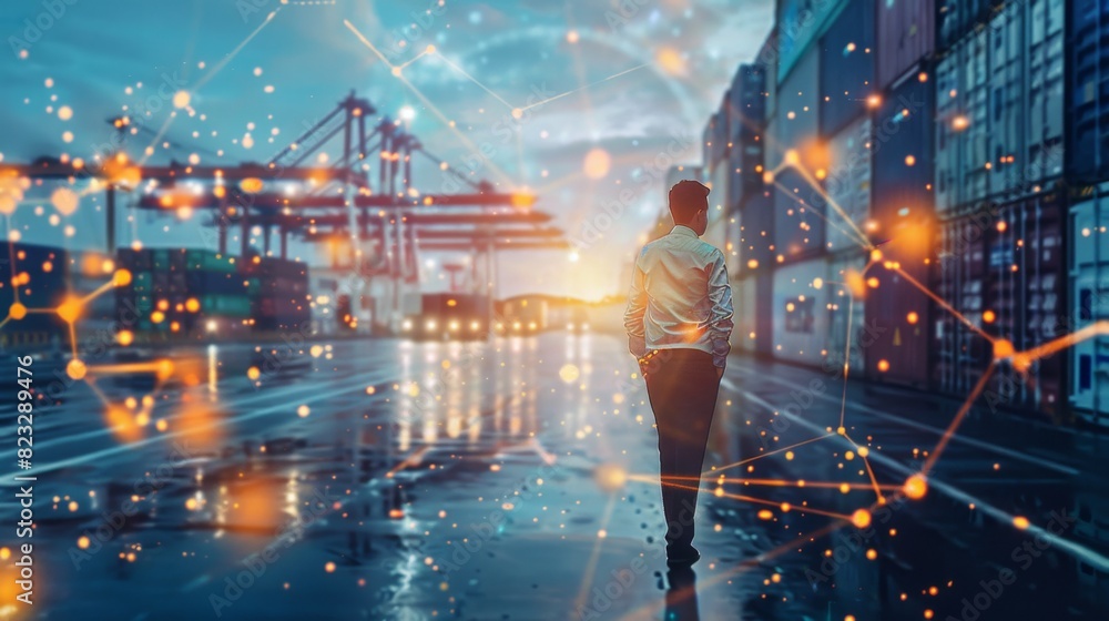 Poster double exposure businessman standing with global business logistics system connection technology int