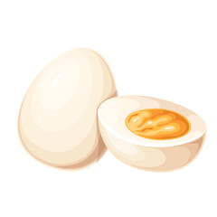 Hard boiled eggs, cartoon breakfast food and cooking ingredient. Whole egg and cut in half with yolk and albumen, side view of morning snack mascot, cartoon healthy nutrition vector illustration