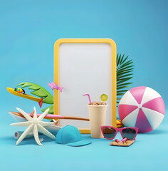 Summer holiday background with surfboard coconut palm tree and flowers