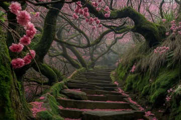 Mossy stairway with pink cherry blossoms