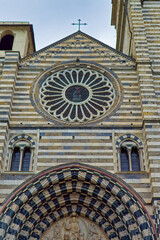 Details at facade of Genoa Cathedral or Metropolitan Cathedral of Saint Lawrence in Genoa, Italy.