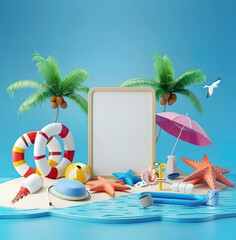 Summer holiday background with surfboard coconut palm tree and flowers