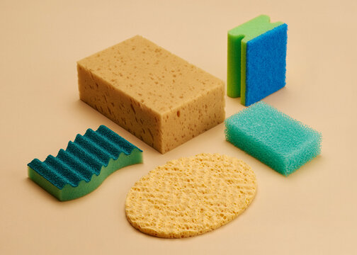 Still life variety of cleaning sponges arranged on beige background

