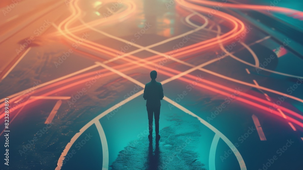 Poster a futuristic urban scene with a man standing on a road illuminated by neon lights and abstract patte