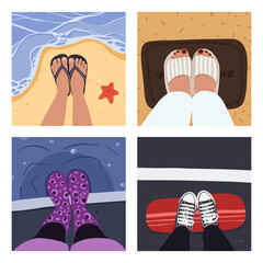 Travel blogger legs selfie. Feet in different places like home, beach, street, coworking, cafe, bathroom. Top view. Vector illustration EPS10