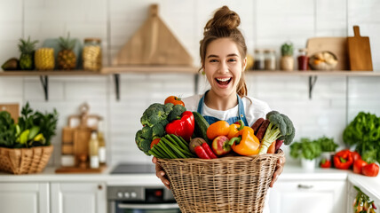 A big smile woman is holding a basket full of fresh vegetables and fruits in the kitchen