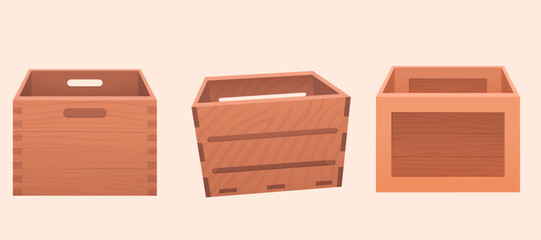 Cartoon wooden containers. Delivery containers, empty wood boxes and parcels, packed shipping crates. Boxes with packages, wooden crates with cargo, warehouse storage packaging concept.