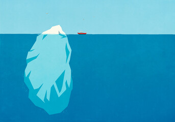 Boat on ocean surface nearing large underwater iceberg
