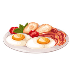 Fried eggs and bacon, cartoon traditional English breakfast. Two cooked eggs with slices of bread toast and fat ham, fresh tomato. Tasty hearty morning meal, cartoon plate of food vector illustration