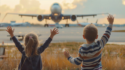 Backside of happy and excited kids are looking and waving hands at a taking off airplane at an observation deck at airport.