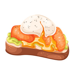 Avocado toast with poached egg and salmon, cartoon gourmet breakfast food. Crispy bread slice with smoked fish and egg cut in half with liquid runny yolk, cartoon restaurant snack vector illustration