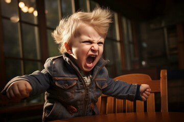 Young child in a denim jacket screams with forceful emotion indoors, showcasing powerful expression
