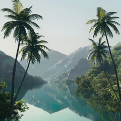 Majestic Tropical Oasis: Towering Palms and Serene Waters