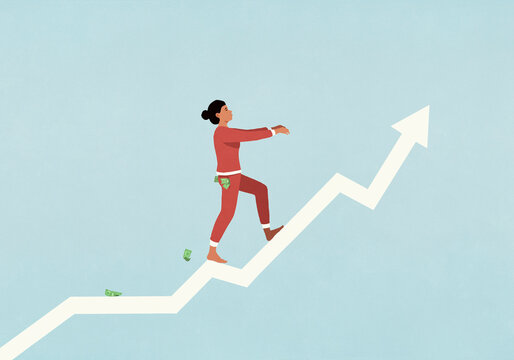 Money falling from pockets of woman in pajamas sleepwalking up ascending arrow
