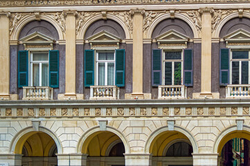 Details at facade of Genoa Cathedral or Metropolitan Cathedral of Saint Lawrence in Genoa, Italy.