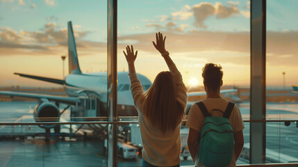 Backside of happy and excited adults are looking and waving hands at a parking airplane through window at an airport.