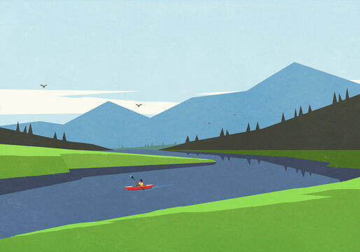 Woman canoeing on river in sunny mountain landscape
