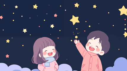 Naklejka premium Hand drawn cartoon beautiful children watching stars at night Children's Day illustration 